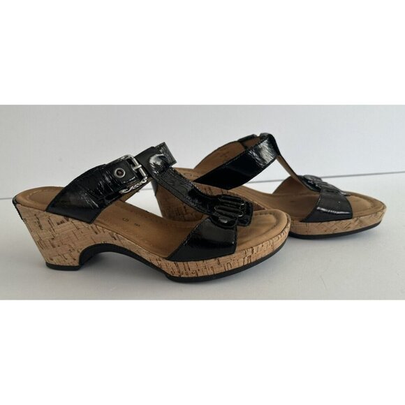 Gabor Womens‎ Black Patent Leather Slip On Sandals UK 6 US 8.5 Cork Wedge Comfy - Picture 2 of 12